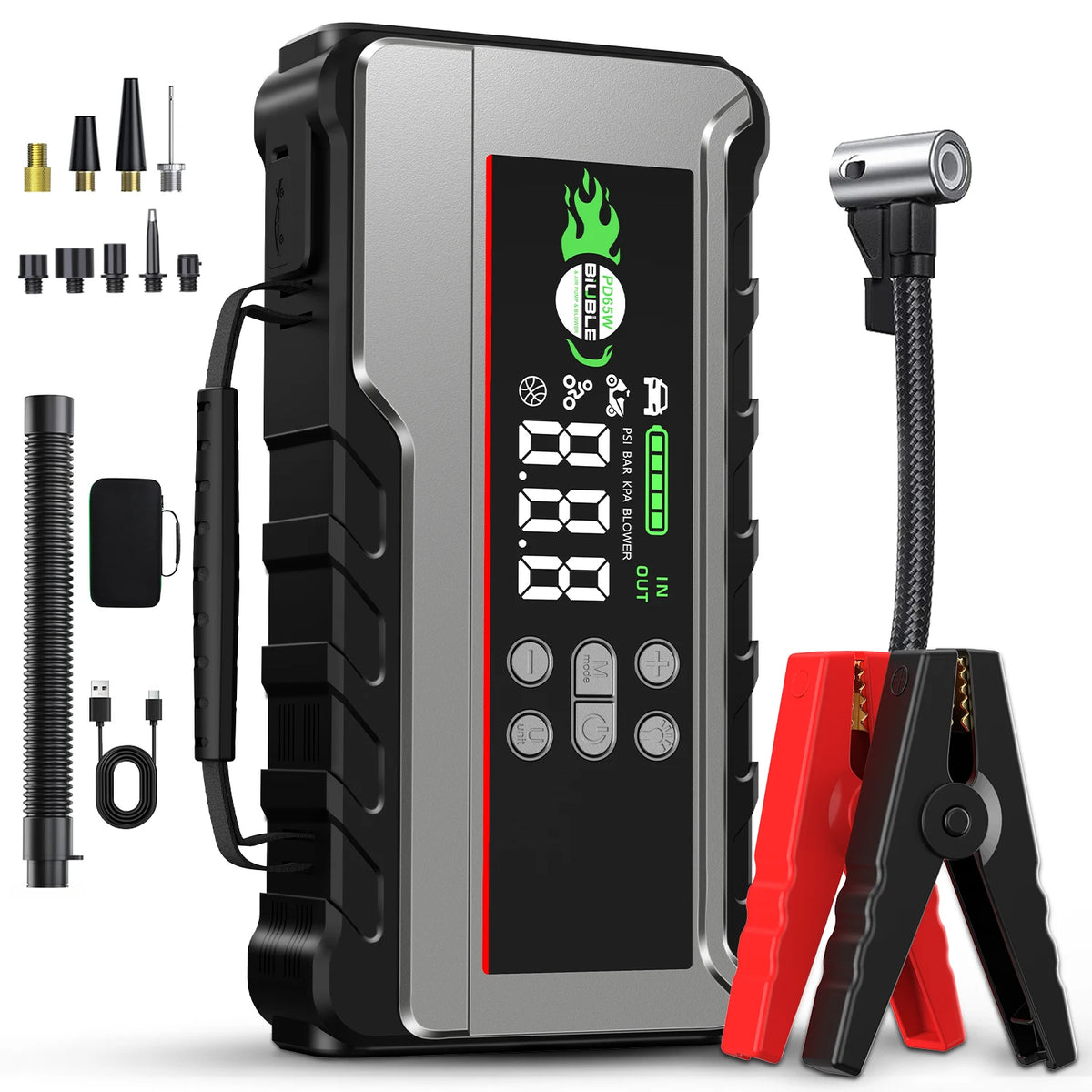 Portable Car Jump Starter with 150PSI Air Compressor, Power Bank and Emergency Battery Booster