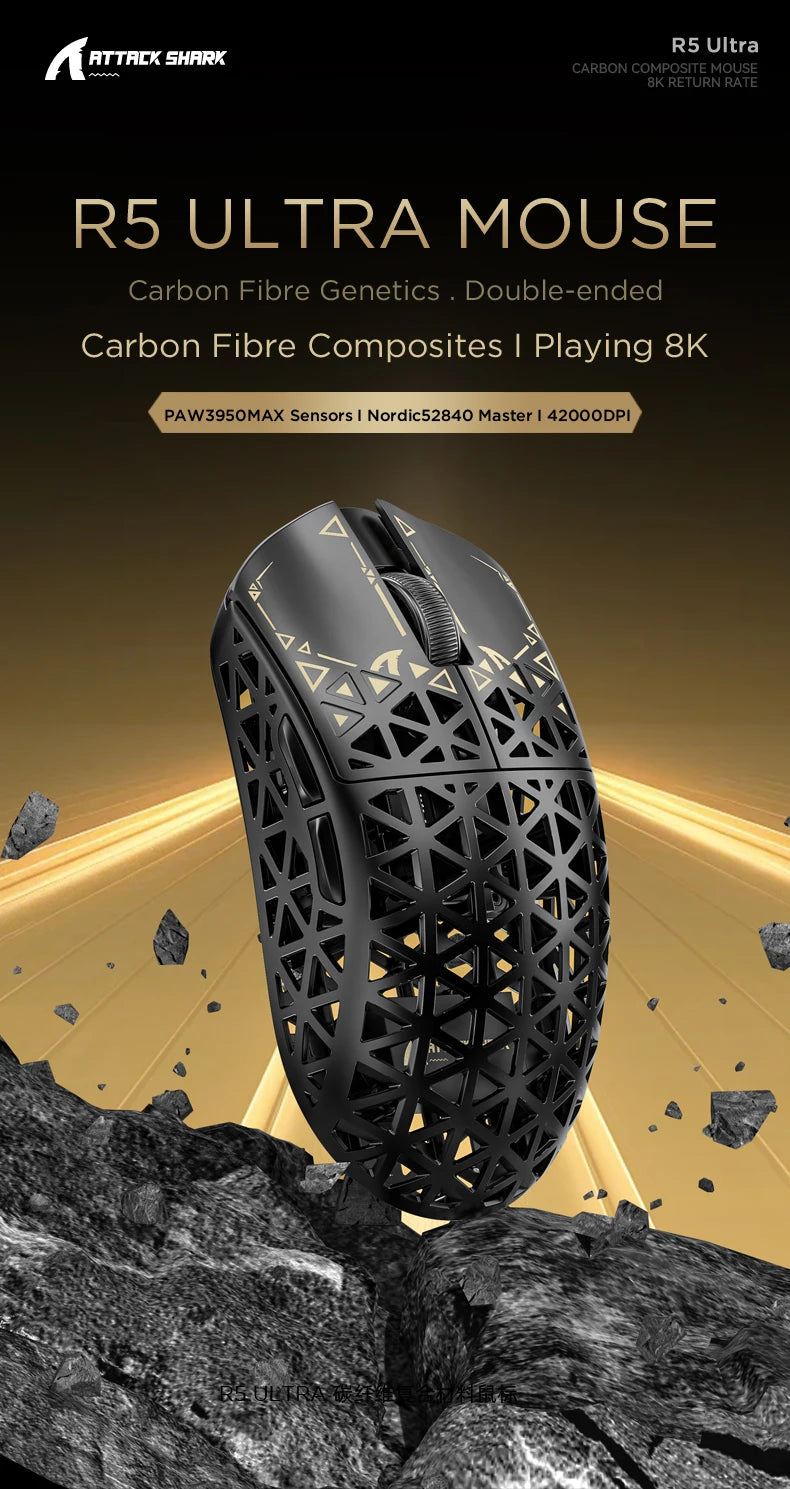 R5 Ultra Carbon Fiber Wireless Gaming Mouse,39g SUPERLIGHT, 8K Polling Rate, PAW3950MAX Sensor (42000 DPI)