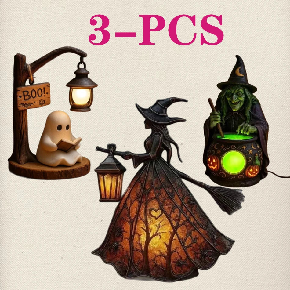 Halloween Witch and Ghost 3D Resin Lantern Decoration