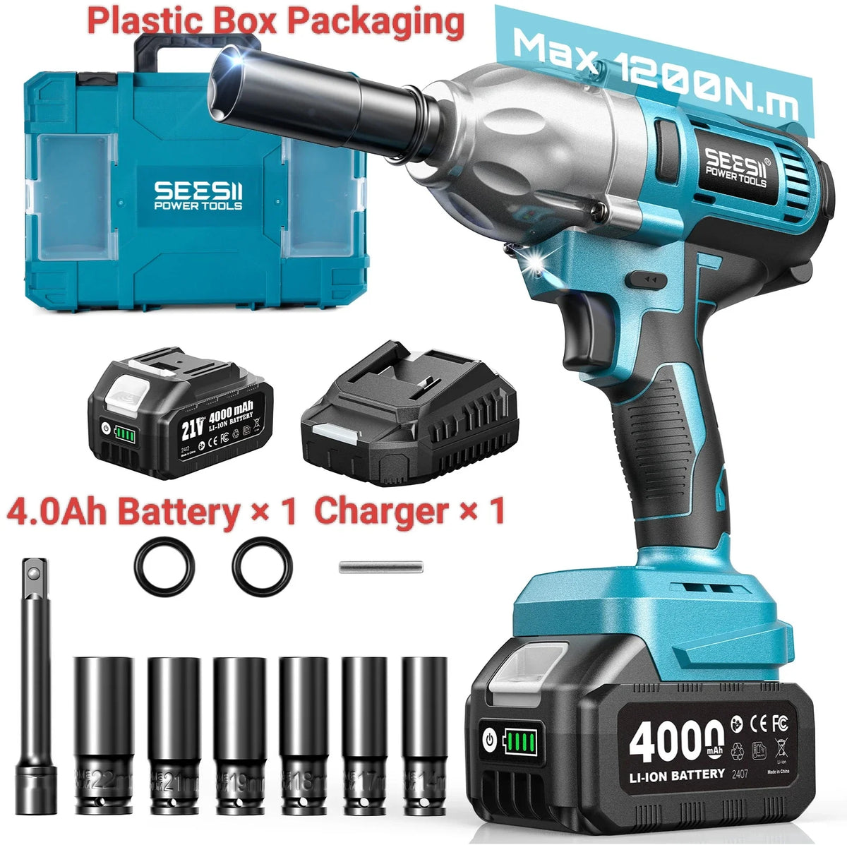SEESII WH710 Pro 1200N.m Electric Impact Wrench Brushless 1/2" High Torque Handheld Cordless Impact Gun Tool Kit LED Light 6 Socket