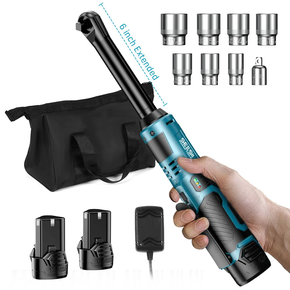 3/8" Cordless Electric Wrench 55Nm 6'' Extended Ratchet Wrench 12V Rechargeable Angle Wrench Car Repair Tools with 2pcs Batteries