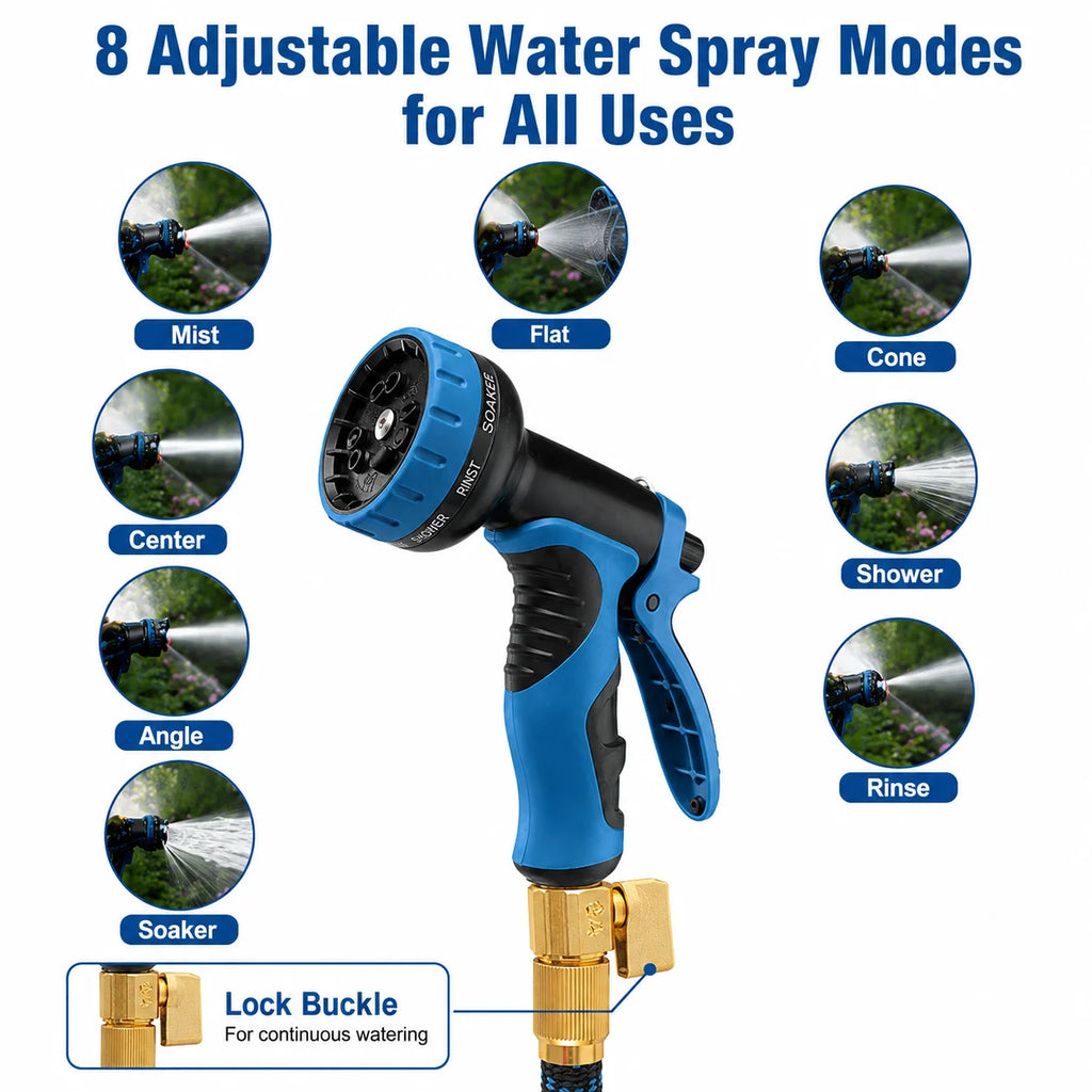 Expandable Retractable Flexible Garden Water Hose With 8 Spray Modes Nozzle Heavy Duty Leak Free Brass Fitting Collapsible Stretch Water Pipe For Yard Plant Irrigation Car Wash Pet Shower Balcony Patio Camping Outdoor Househo