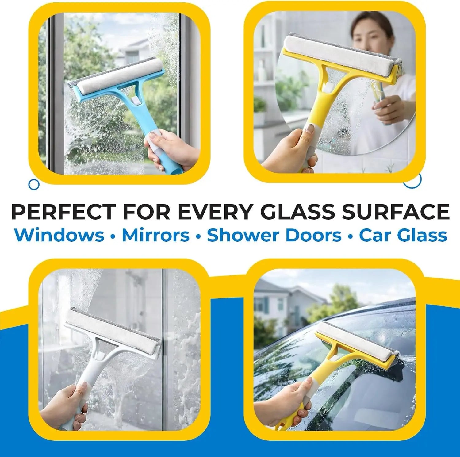 3 in 1 Integrated Window Squeegee with Spray Bottle Multifunctional Handheld Glass Cleaning Tool with Microfiber Scrubber and Silicone Blade Refillable Window Cleaner for Mirrors Shower Doors Tiles Car Windows Multiple Colors