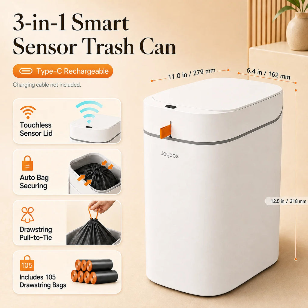 Smart Trash Can with Auto-Lining, Touchless Sensor Garbage Bin + Free Drawstring Bags, No-Mess Pull & Lift Wastebasket