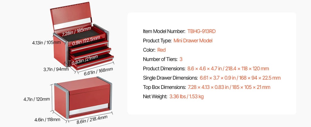 8.6in 3 Drawers Metal Tool Box Portable Tools Chest with Feet Pads & Ball Bearing Powder Coated Tool Storage for Garage