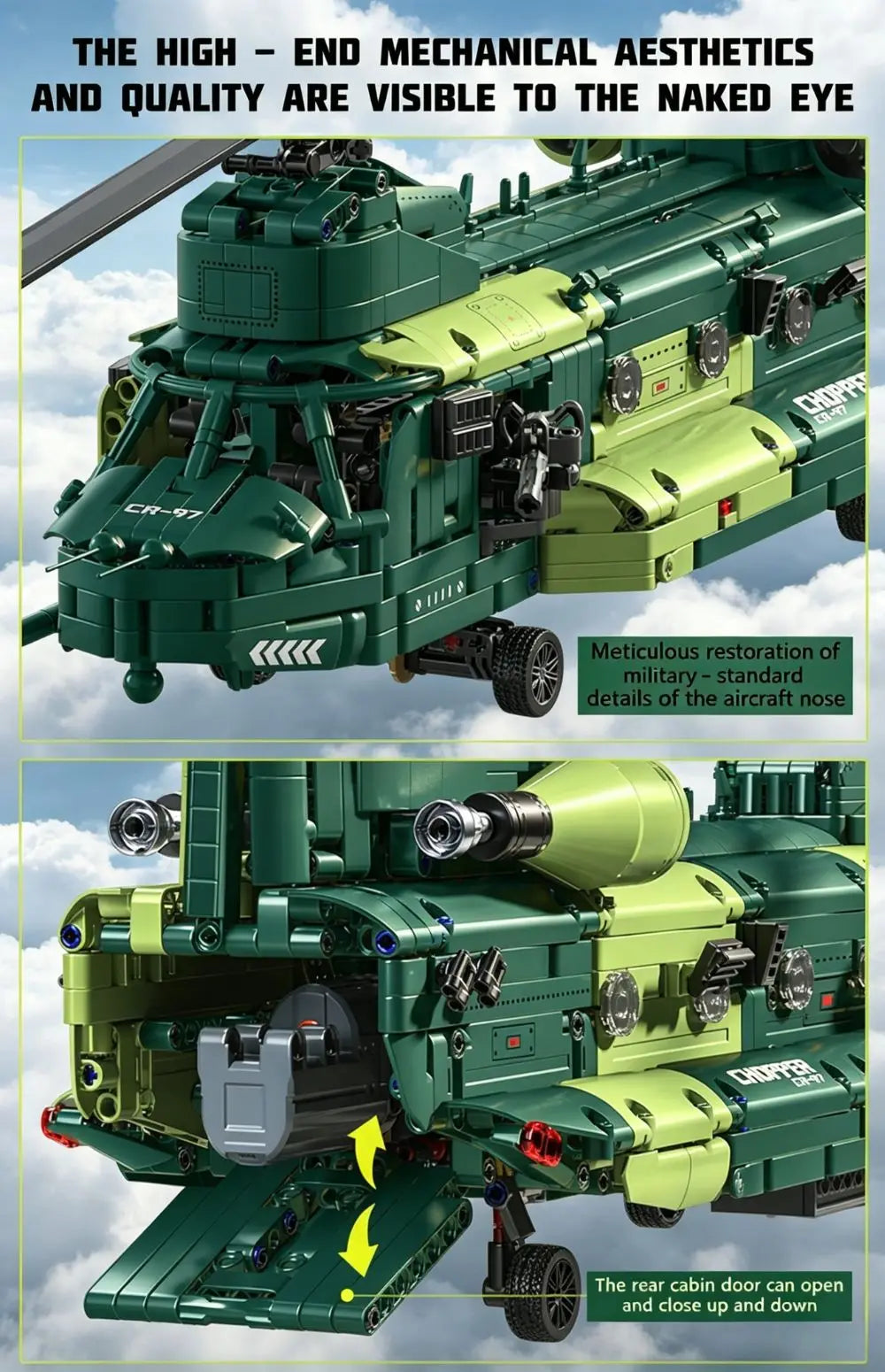 KAVOWORLD 1826PCS Chinook Tandem Rotor Military Transport Helicopter Building Blocks Model Aircraft Bricks Toys Kit Ideal Gift for Military Fans Movable Rotors Gear Linkage Opening Cargo Door Home Desk Display Christmas Birth