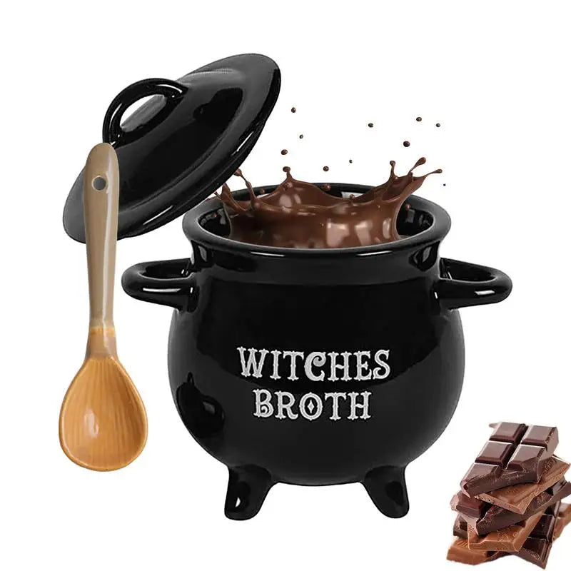 Halloween Witch Cauldron Ceramic Soup Bowl with Spoon, 650 ml