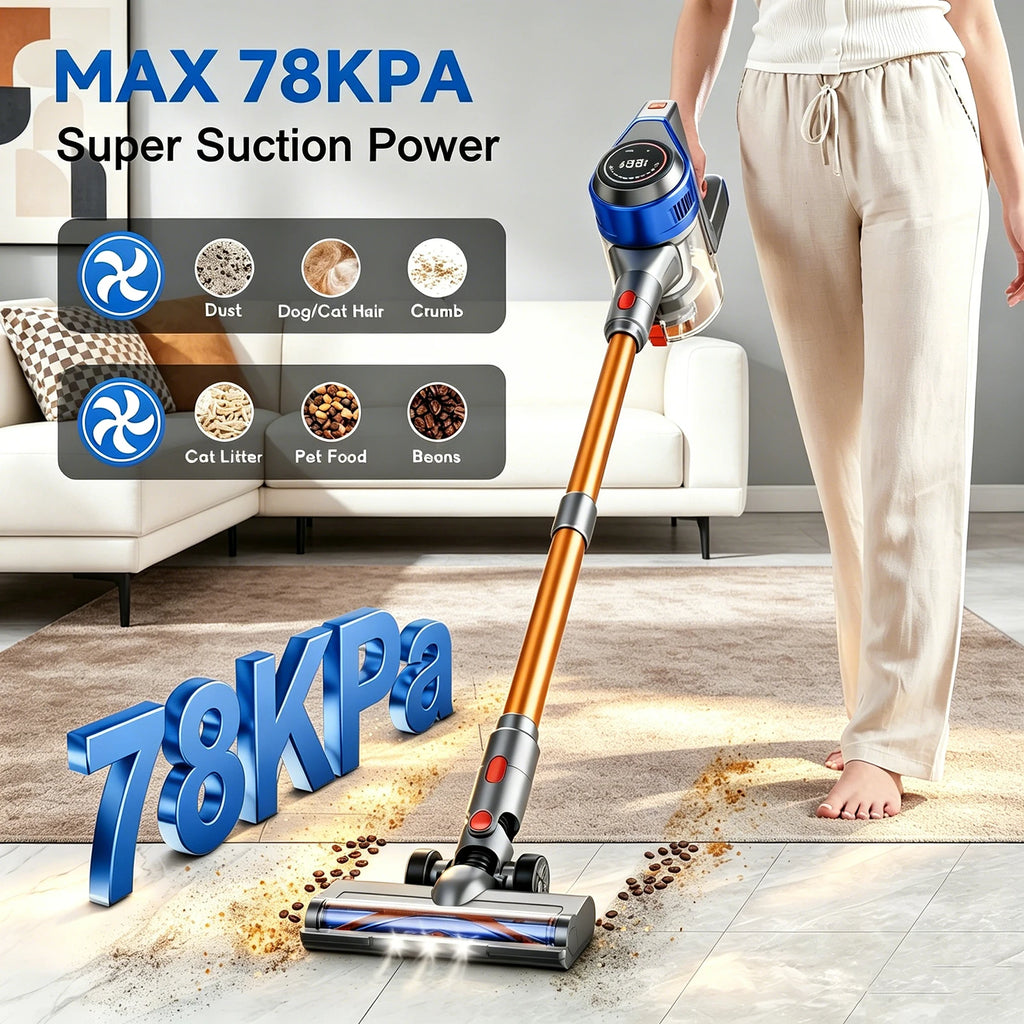 78KPA Cordless Vacuum Cleaner with LED High Power Strong Suction Wet and Dry Handheld Vacuum Cleaner for Fur Rug