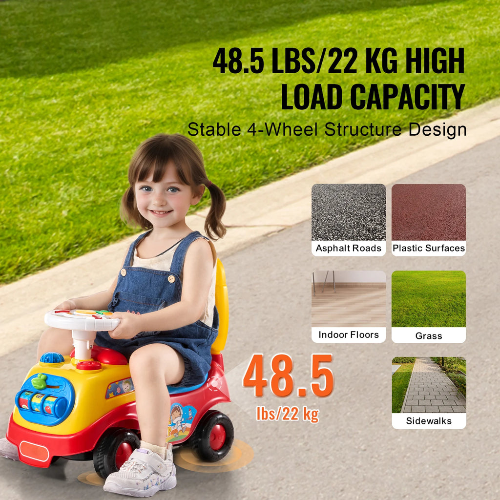 Toddler Ride-On Push Car with Music, Steering Wheel and Under-Seat Storage