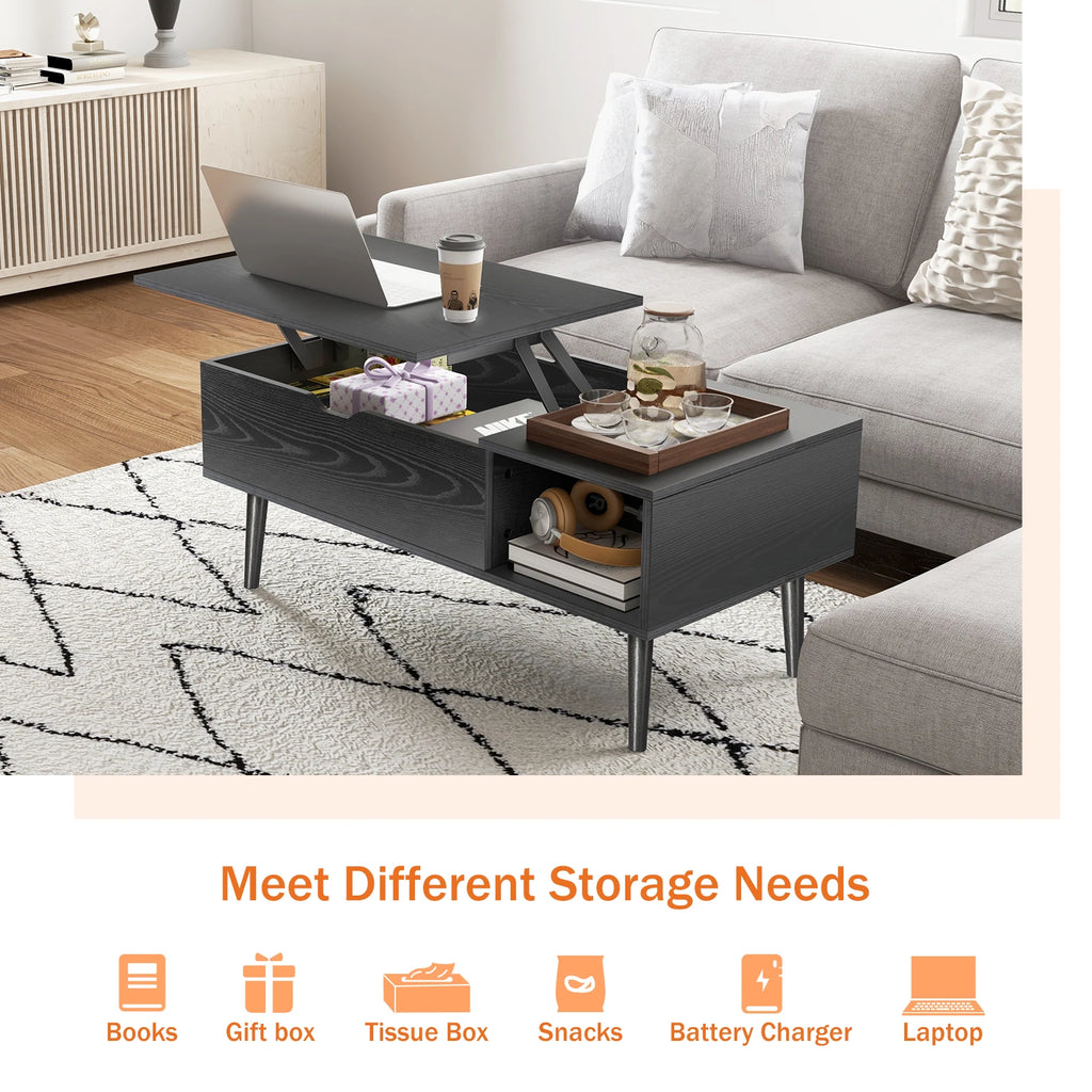 Lift-Top Coffee Table with Hidden Storage Shelf, 39 x 20 Inch