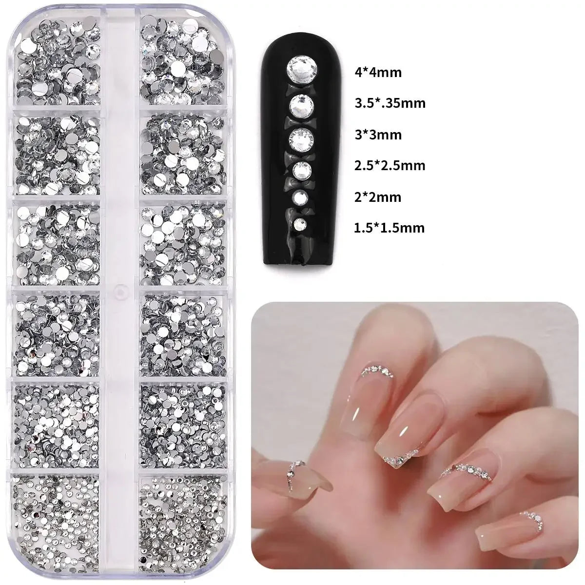 12Gird 3D Glass AB Crystal Nail Art Rhinestones Kit Flatback Round Bead Charm Gem Stones Jewelry Diamond with Tools for Nail Art