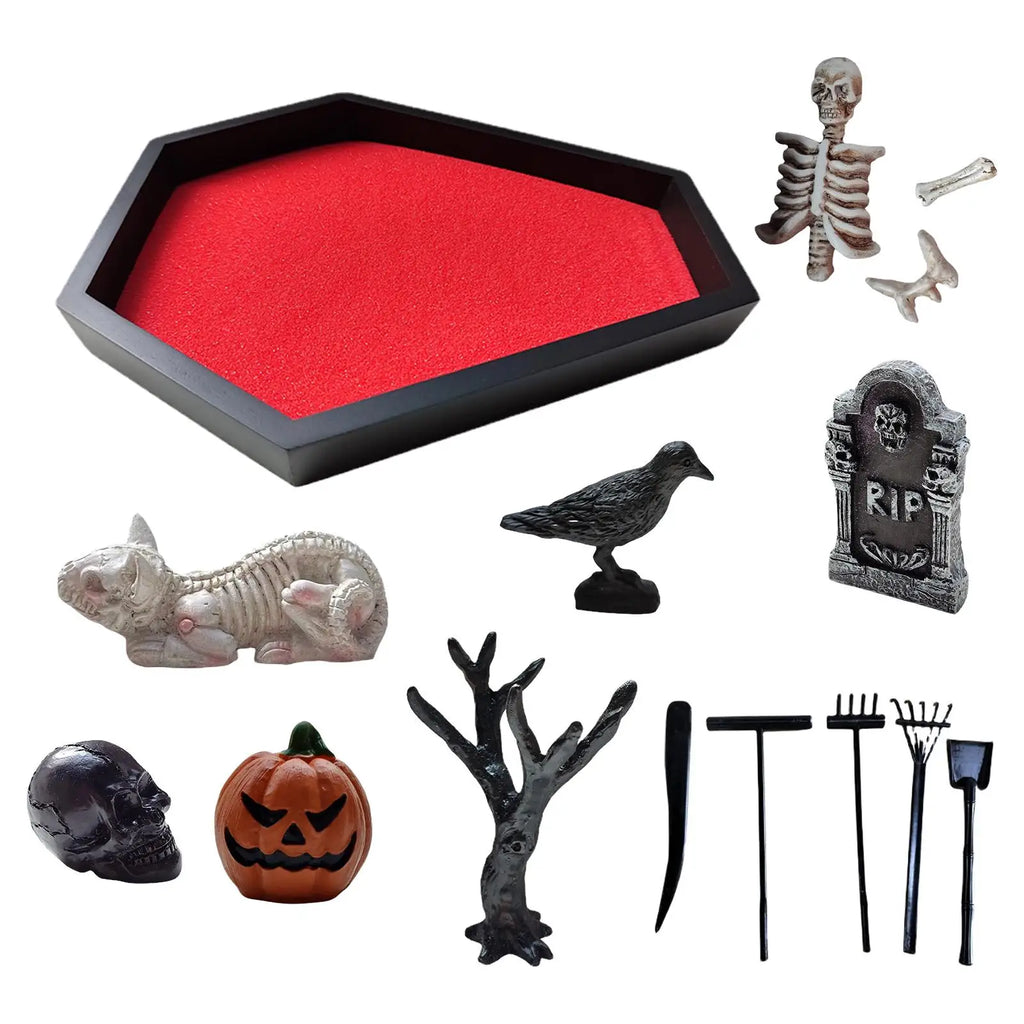 Halloween Coffin Sand Tabletop Decor, Gothic Mini Sand Tray Kit with Skull