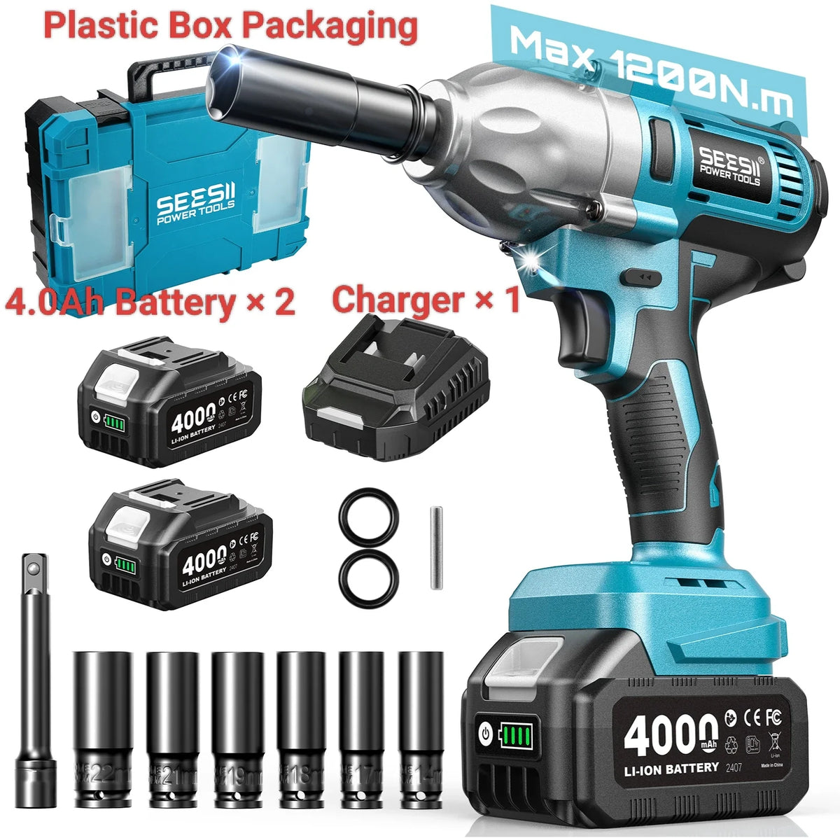 SEESII WH710 Pro 1200N.m Electric Impact Wrench Brushless 1/2" High Torque Handheld Cordless Impact Gun Tool Kit LED Light 6 Socket