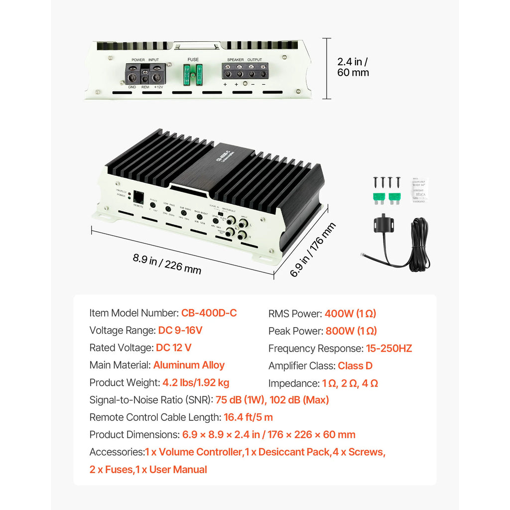 SucceBuy Monoblock Car Amplifier Stable 1Channel Class D Car Audio Amplifier with Remote Subwoofer Level Control Low Pass Filter