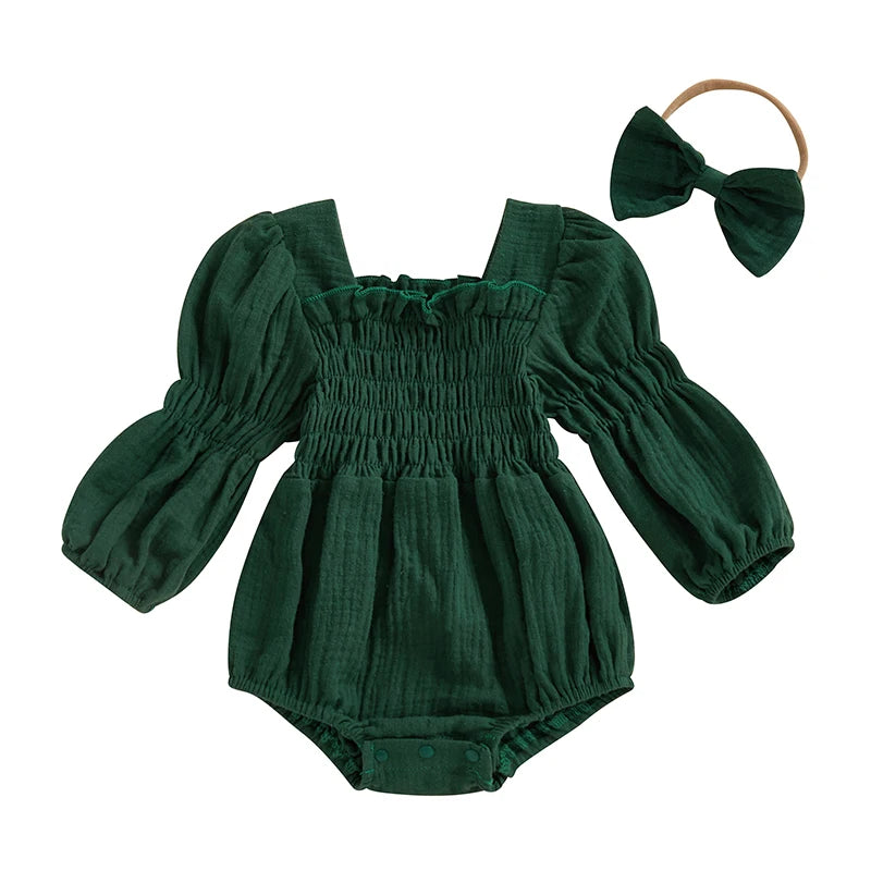 Baby Girls Spring Romper Long Sleeve Square Neck Solid Color Romper with Headband