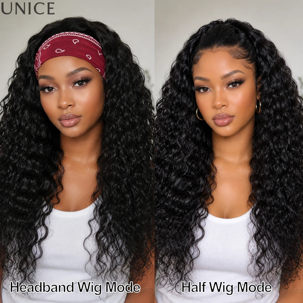 UNice Hair Water Wave Human Hair Headband Wig & Half Wig 2-In-1 Beginner Friendly Ready To Go Glueless Wig With Drawstring