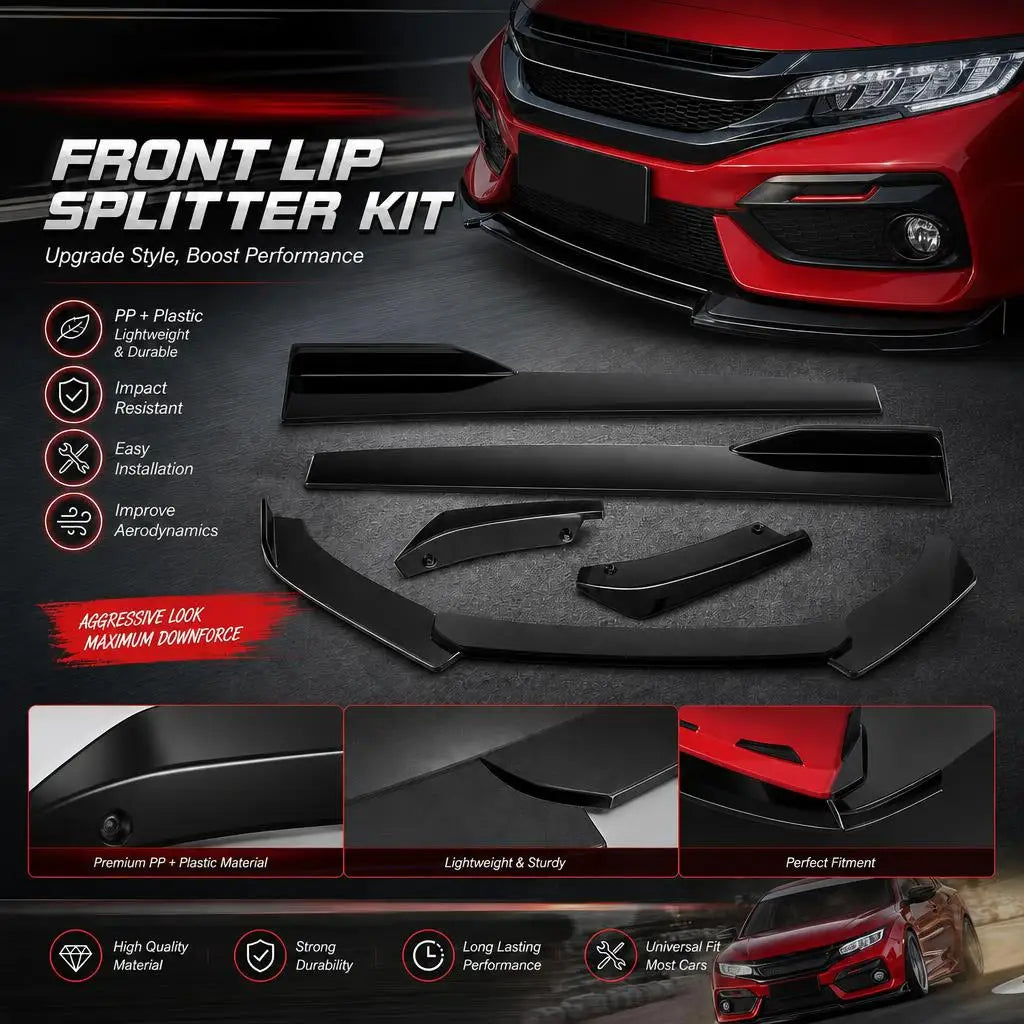 Universal 5 Piece Front Bumper Lip Splitter Kit For Car PP Black Front Spoiler Side Skirt Extension Racing Body Kit