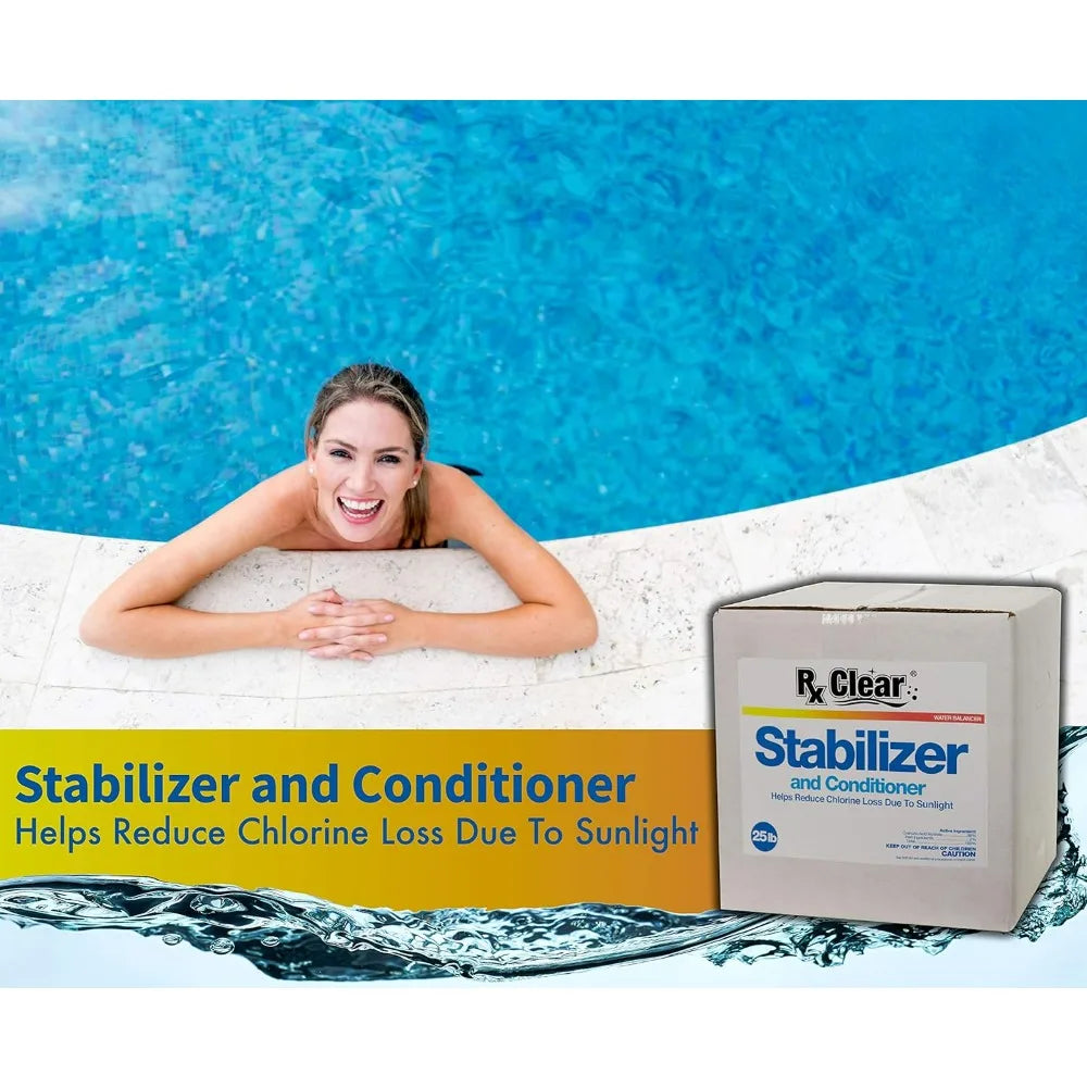 Rx Clear 25 Lbs Swimming Pool Stabilizer Conditioner - Cyanuric Acid Water Balancer Reduces Chlorine Loss from Sunlight Longer