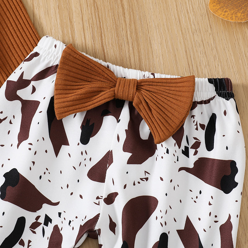 Infant Baby Girl Ribbed Fly Sleeve Romper with Leopard Flare Pants Outfit