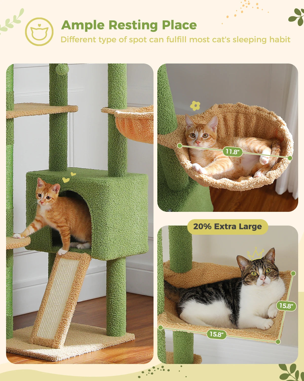 Cactus Cat Tree Floor to Ceiling Cat Tower Adjustable Height with Cat Condo Cozy Hammock and Scratching Post Tall Activity Tree