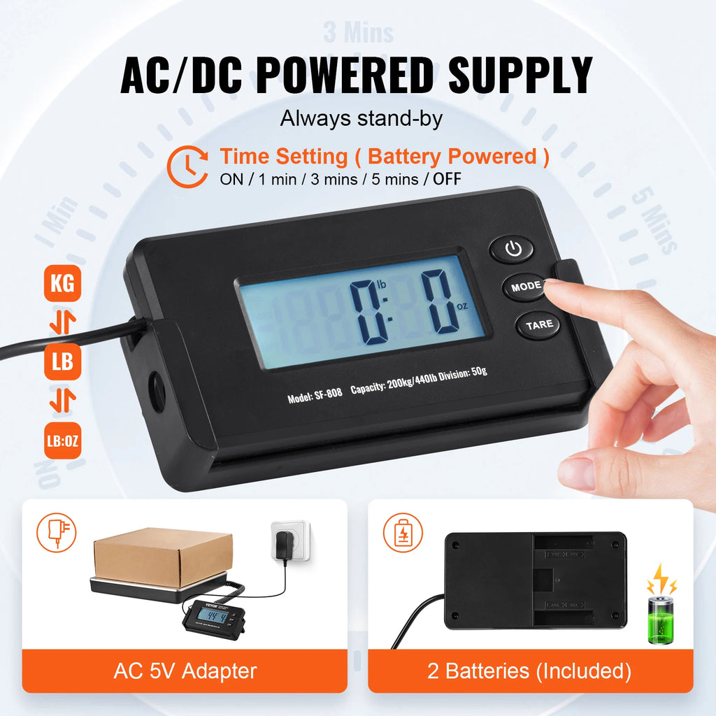 440lb Digital Shipping Scale with Timer and Tare, Portable Postal Package Scale with LCD