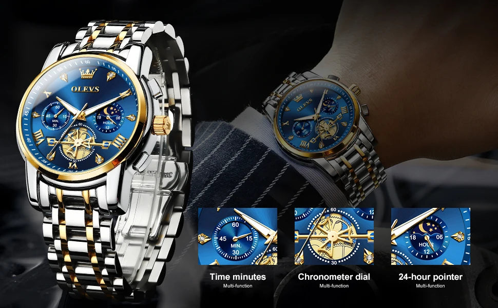 OLEVS Men's Skeleton Chronograph Watch with Moon Phase, Stainless Steel Quartz Wristwatch