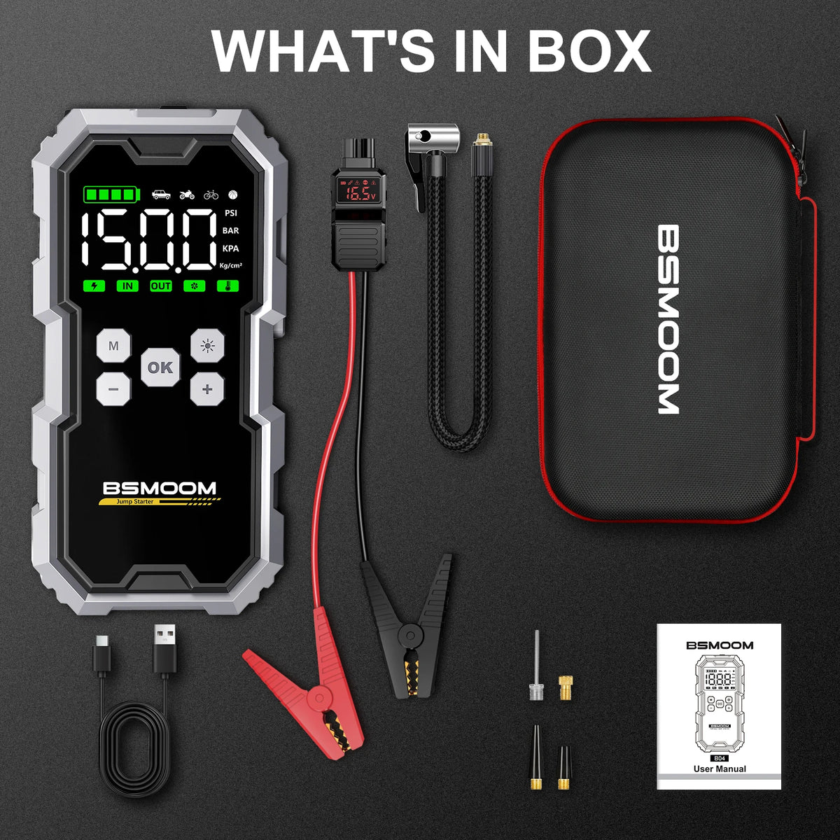 Portable Car Jump Starter with 150PSI Air Compressor, Power Bank and Emergency Battery Booster