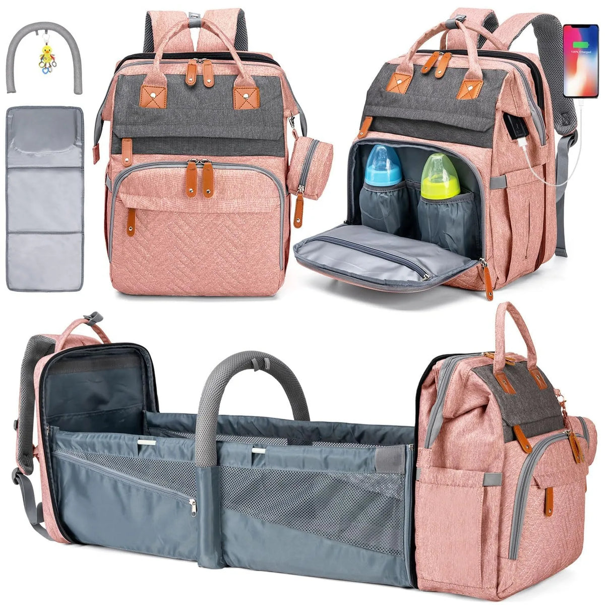 Baby Diaper Bags with Changing Station, Waterproof Large Capacity Diaper Bag Backpack for Moms Dads with USB Charging Port and Stroller Straps