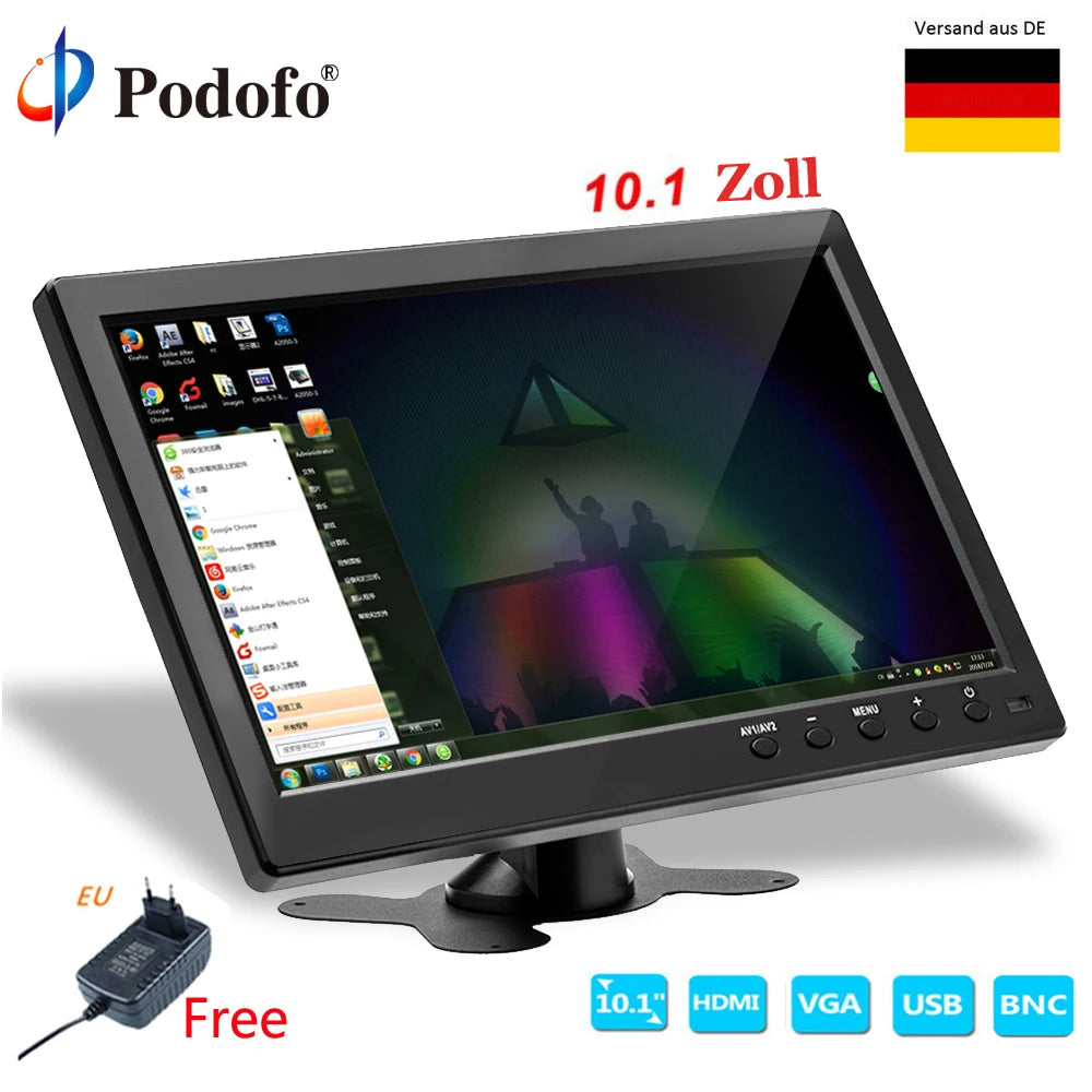 Podofo 10.1" Inch Car Monitor With HDMI VGA for TV & Computer Display LCD Color Screen Car Backup Camera & Home Security System