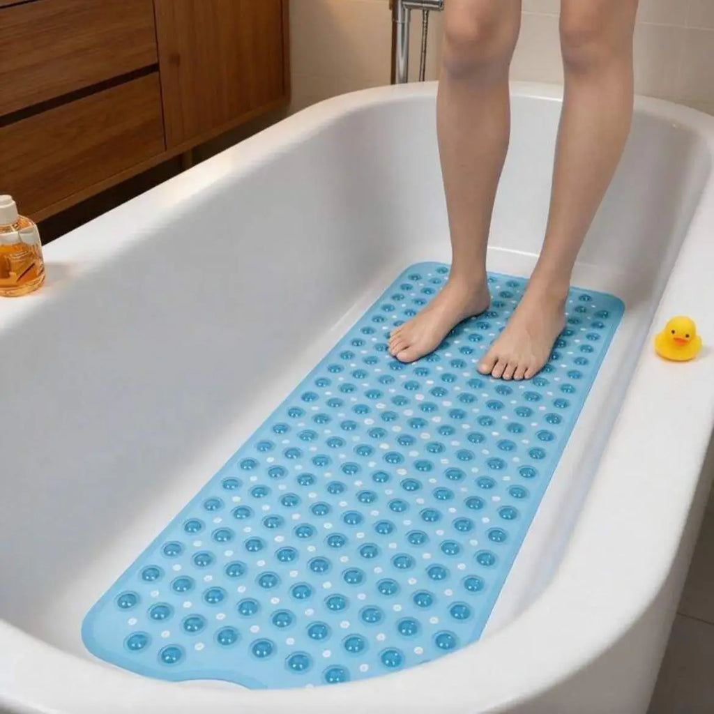Shower Floor Mat 40x16 Inch,Non Slip Bath Mat With Firm Suction Cups,Extra Large Machine Washable Bathtub Rug,Drain Holes Keep Tub Clean,Waterproof Mold Resistant Rubber PVC Mat,Blue Black Transparent Light Gray,Home Essentia