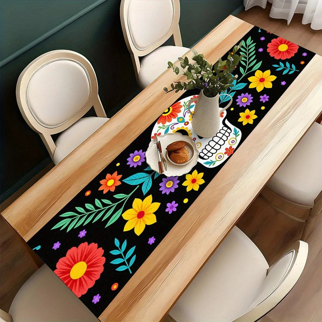 Halloween Day of the Dead Marigold Sugar Skull Linen Table Runner