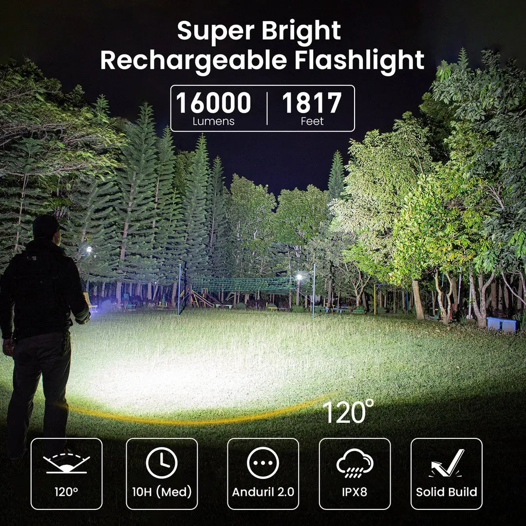 Q8 Plus Super Powerful LED Flashlight 16000lm USB C Rechargeable 21700 Anduril 2.0 Torch XHP50B Reverse Charging