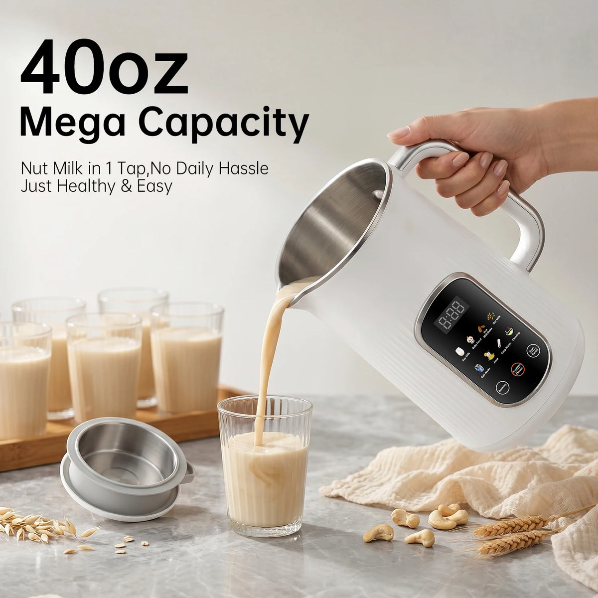 （ stainless steel inner lid）8 in 1 Nut Milk Maker Machine, 42oz IMD Screen Almond Milk Maker, Soy Milk Maker with Self-Cleaning, Delay Start, Keep Warm, Boil Water, Automatic Plant-Based Milk Blender for Soybean, Oat, Coc