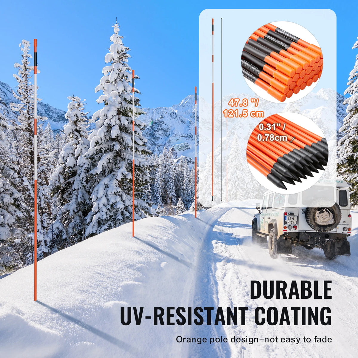 SucceBuy Driveway Markers 48 inch 0.4 inch Diameter Fiberglass Poles Snow Stakes For Parking Lots Walkways Easy Visibility