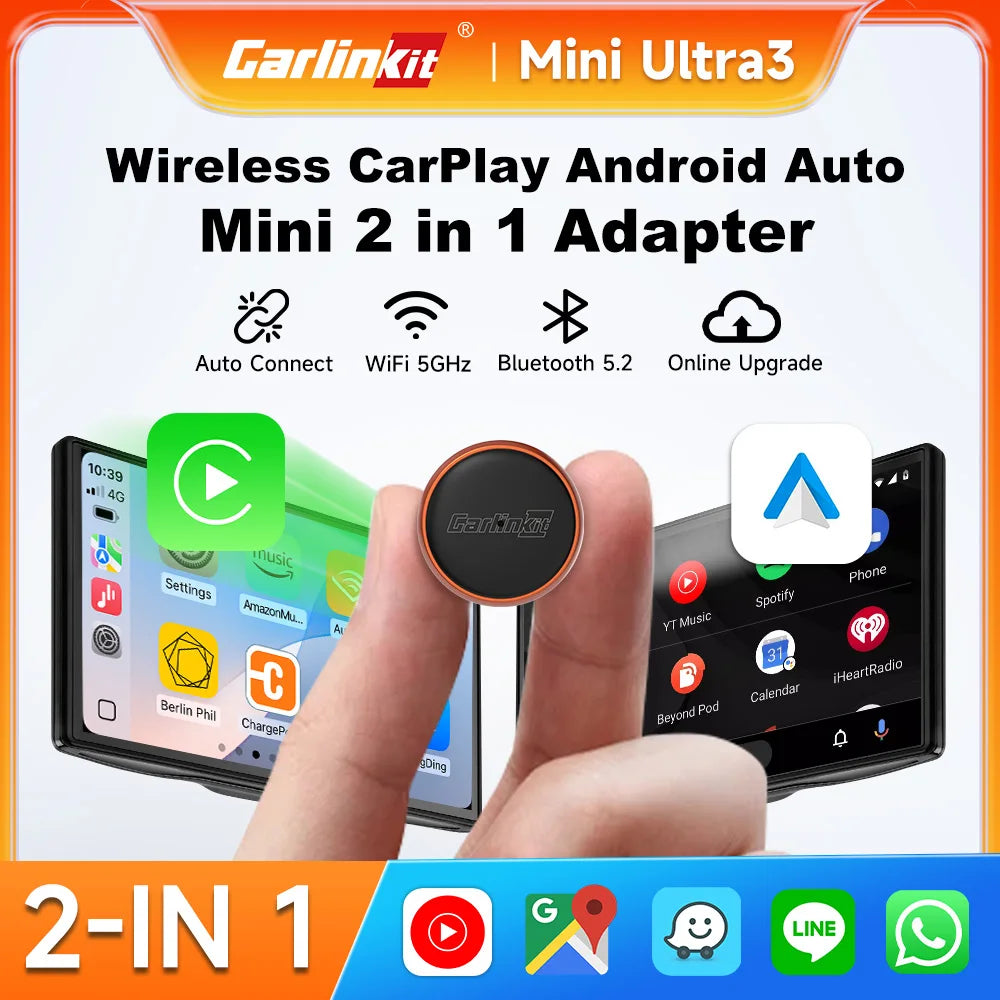 CarlinKit Mini Ultra 3 Wireless CarPlay and Android Auto Adapter, 2-in-1 Plug and Play