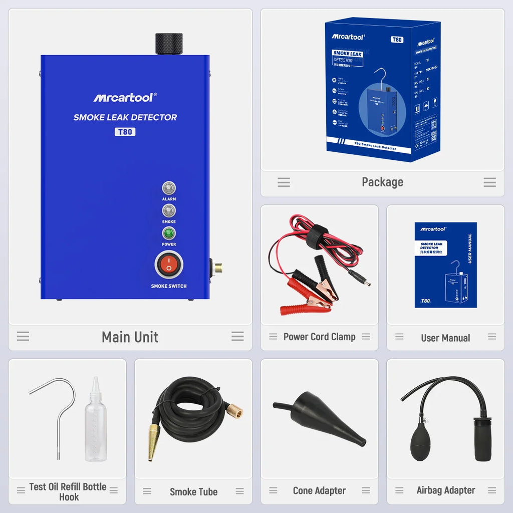 MR CARTOOL T80 Smoke Machine Leak Detector with Pump EVAP Pipe Leak Locator Smoke Diagnostic Tool for Motorcycle PK AN-CEL S100