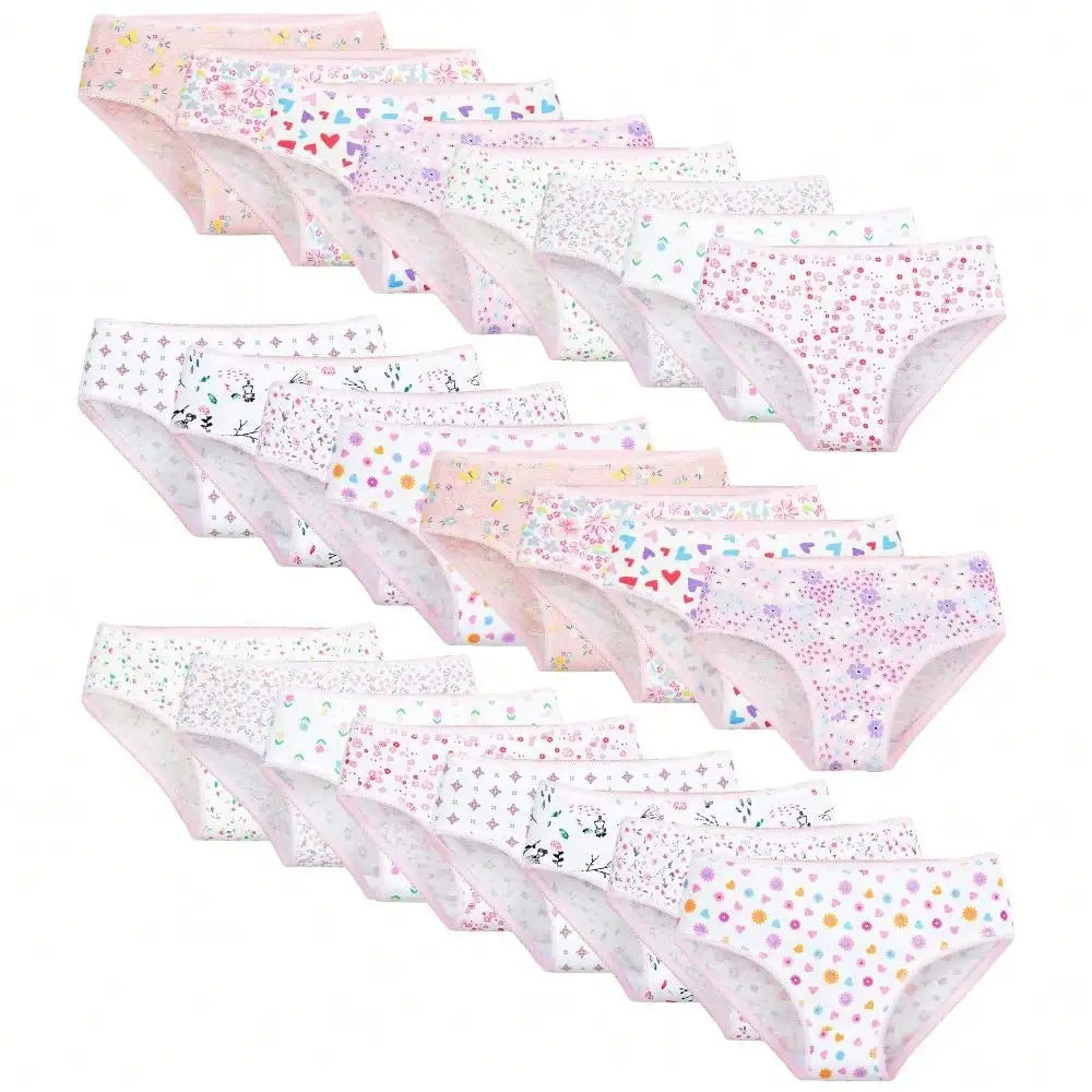 24-Pack Girls' Cotton Underwear, Cute Pink Heart and Floral Print Briefs