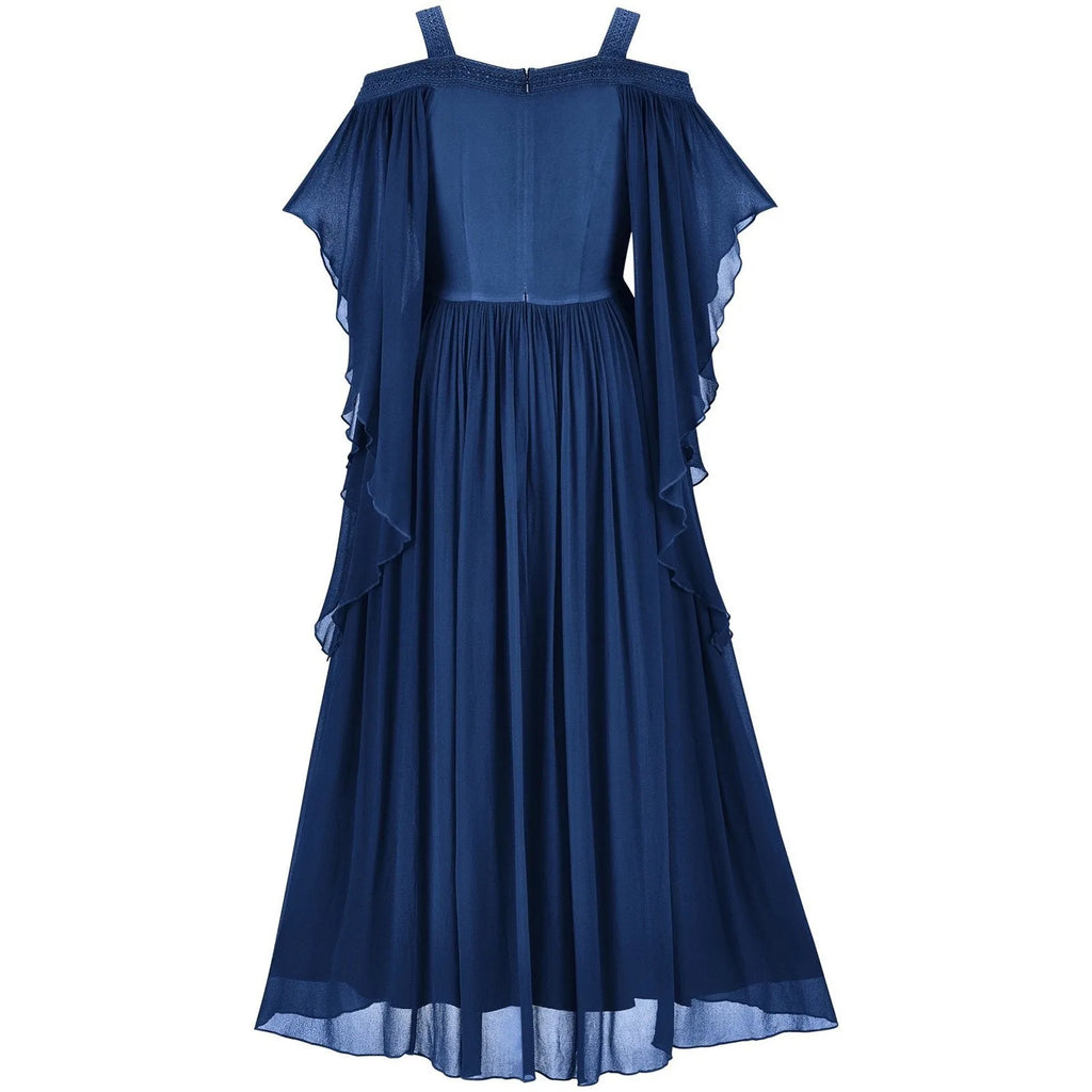 Women's Medieval Drama Halloween Cosplay Dress Off The Shoulder Batwing Sleeve Solid Color Patchwork Embroidery Long Dress
