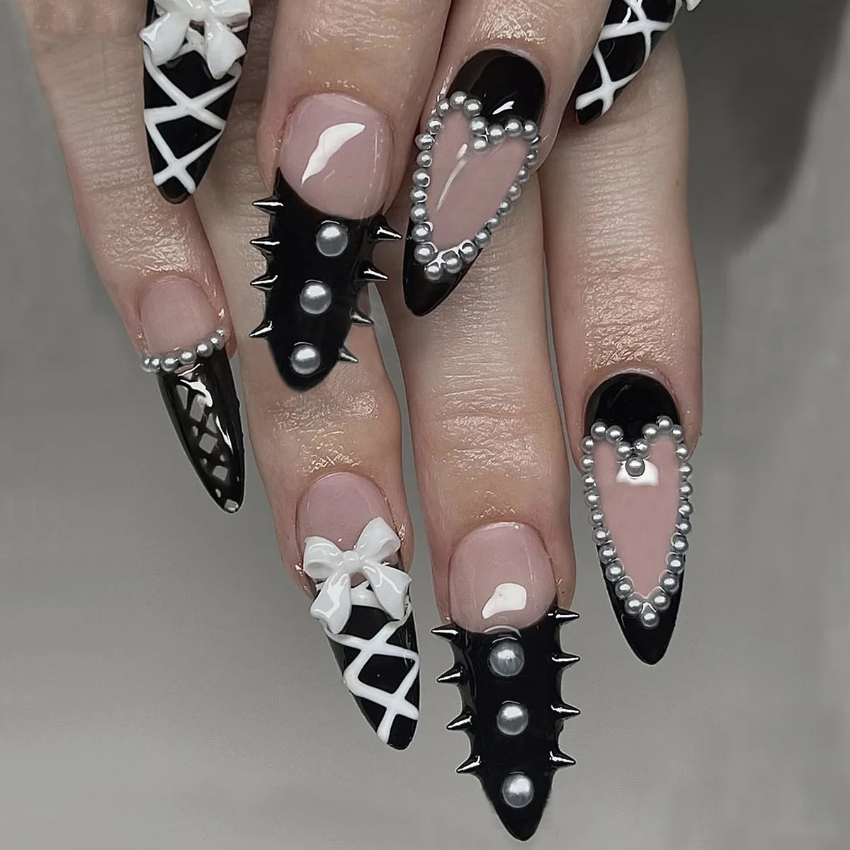 Black Bat Press On Nails, 24 Pieces Almond False Nails with Rivet and Bow Details, Reusable Halloween Nail Tips