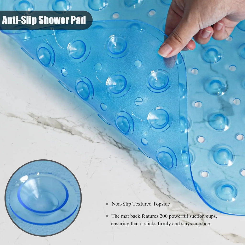 Shower Floor Mat 40x16 Inch,Non Slip Bath Mat With Firm Suction Cups,Extra Large Machine Washable Bathtub Rug,Drain Holes Keep Tub Clean,Waterproof Mold Resistant Rubber PVC Mat,Blue Black Transparent Light Gray,Home Essentia