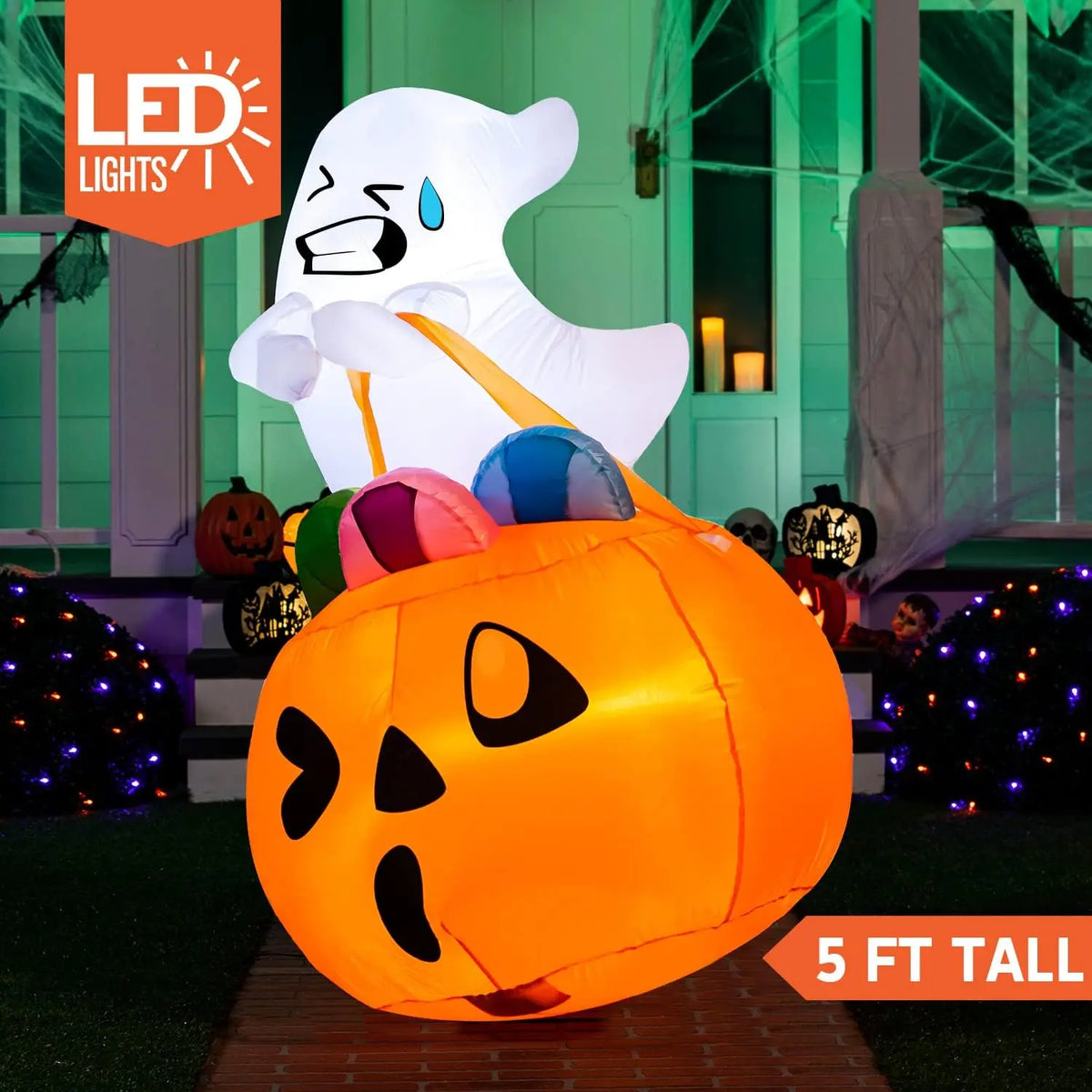 Halloween 5 ft Inflatable Ghost with Pumpkin Candy Bag, Built-In LEDs