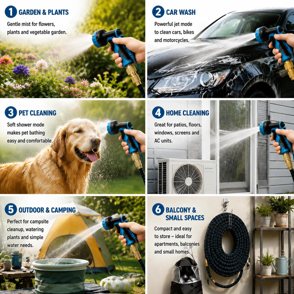 Expandable Retractable Flexible Garden Water Hose With 8 Spray Modes Nozzle Heavy Duty Leak Free Brass Fitting Collapsible Stretch Water Pipe For