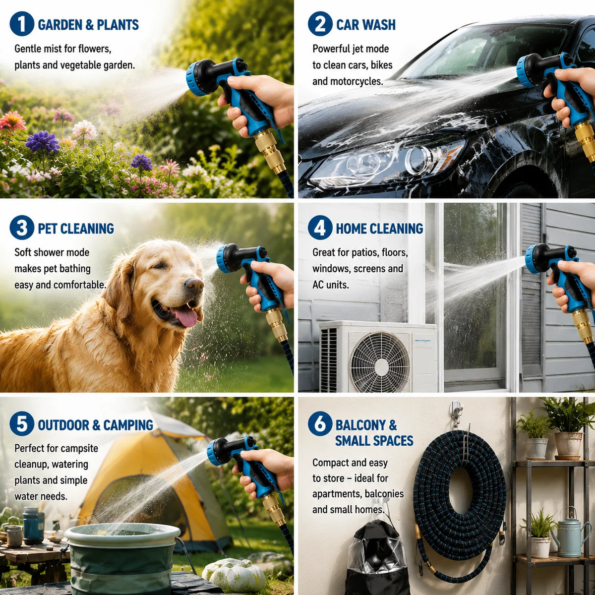 Expandable Retractable Flexible Garden Water Hose With 8 Spray Modes Nozzle Heavy Duty Leak Free Brass Fitting Collapsible Stretch Water Pipe For