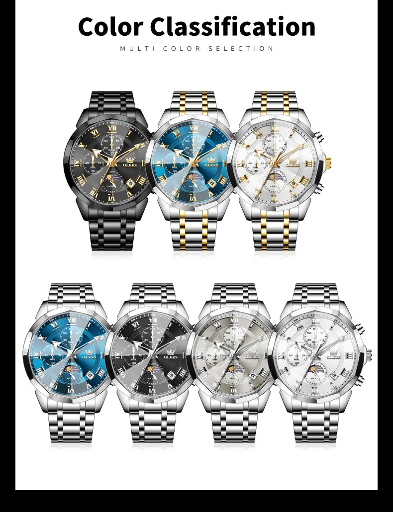 OLEVS Men's Chronograph Watch with Moon Phase, Waterproof Multifunction Quartz Wristwatch