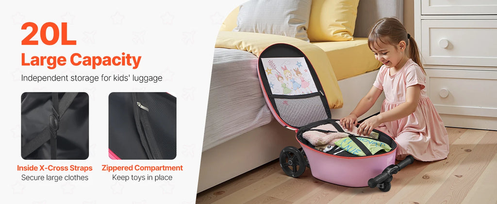 20L 20 Inch Purple Kids Ride-on Luggage Scooter Suitcase Flash PU Wheels Adjustable Handle TPR Grip Foldable for 5+ Kids Travel