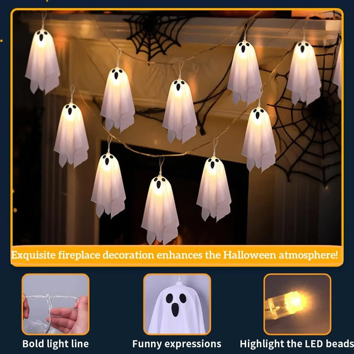 Halloween Ghost String Lights, 8 Modes Waterproof LED Garland