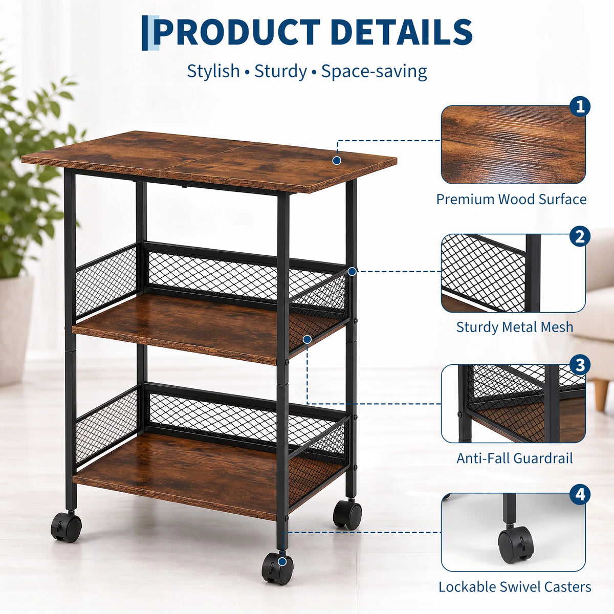 3-Tier Printer Stand with Storage Shelves, Mobile Heavy Duty Rolling Rack on Wheels for Large Printers, Black Industrial MDF and Iron, Home Office