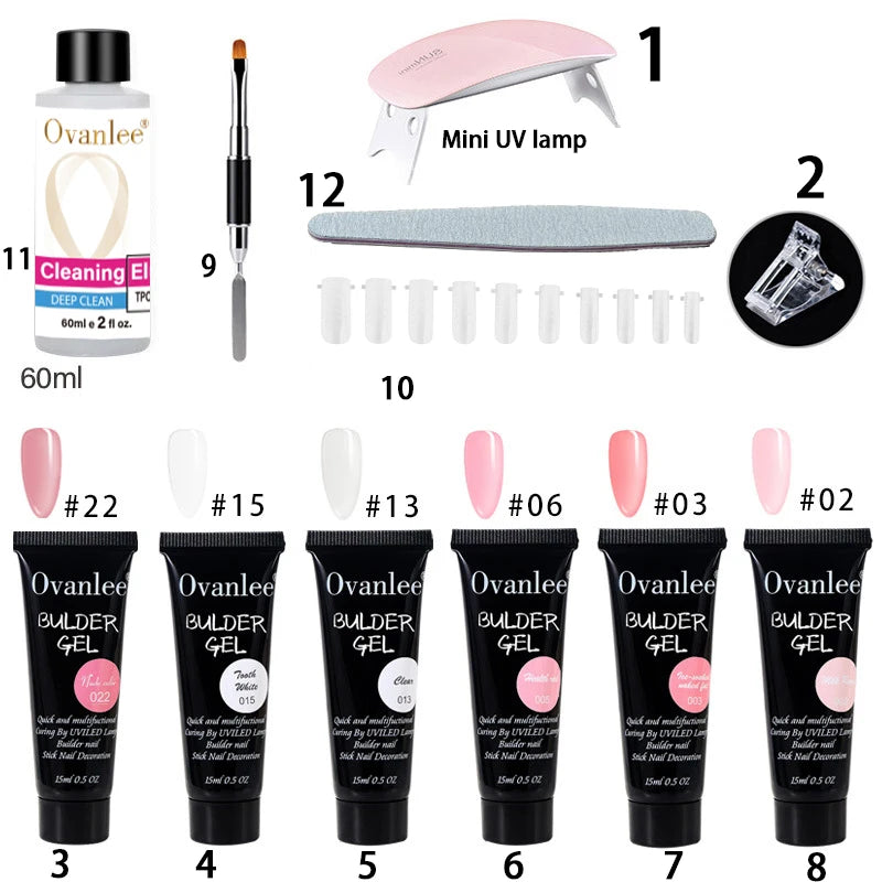 Ovanlee 18-Piece All-in-One Nail Builder Gel Kit – 12 Colors 15ml Polygel with Mini UV/LED Lamp, Cleaning Fluid, Nail Tips & Tools – Form-Free DIY Manicure Extension & Strengthening Set