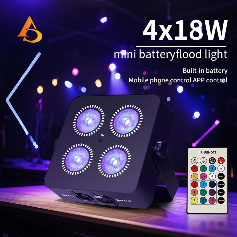 RGBWA UV 6in1 LED Battery Powered Wash Par Light 4x18W Supports DMX ControlMini Battery Operated Party & Wedding Light