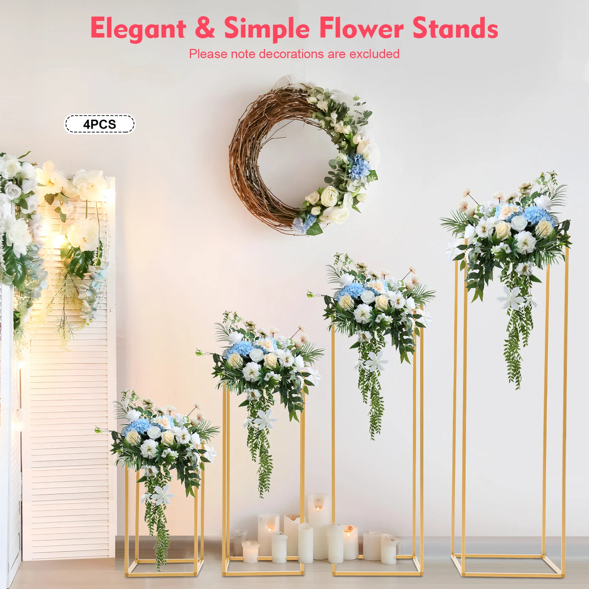 4Pcs Wedding Flower Stand Set Gold Metal Column Rack Party Decor Balloon Display Holder Centerpiece Vase Pillar 40+60+80+100cm